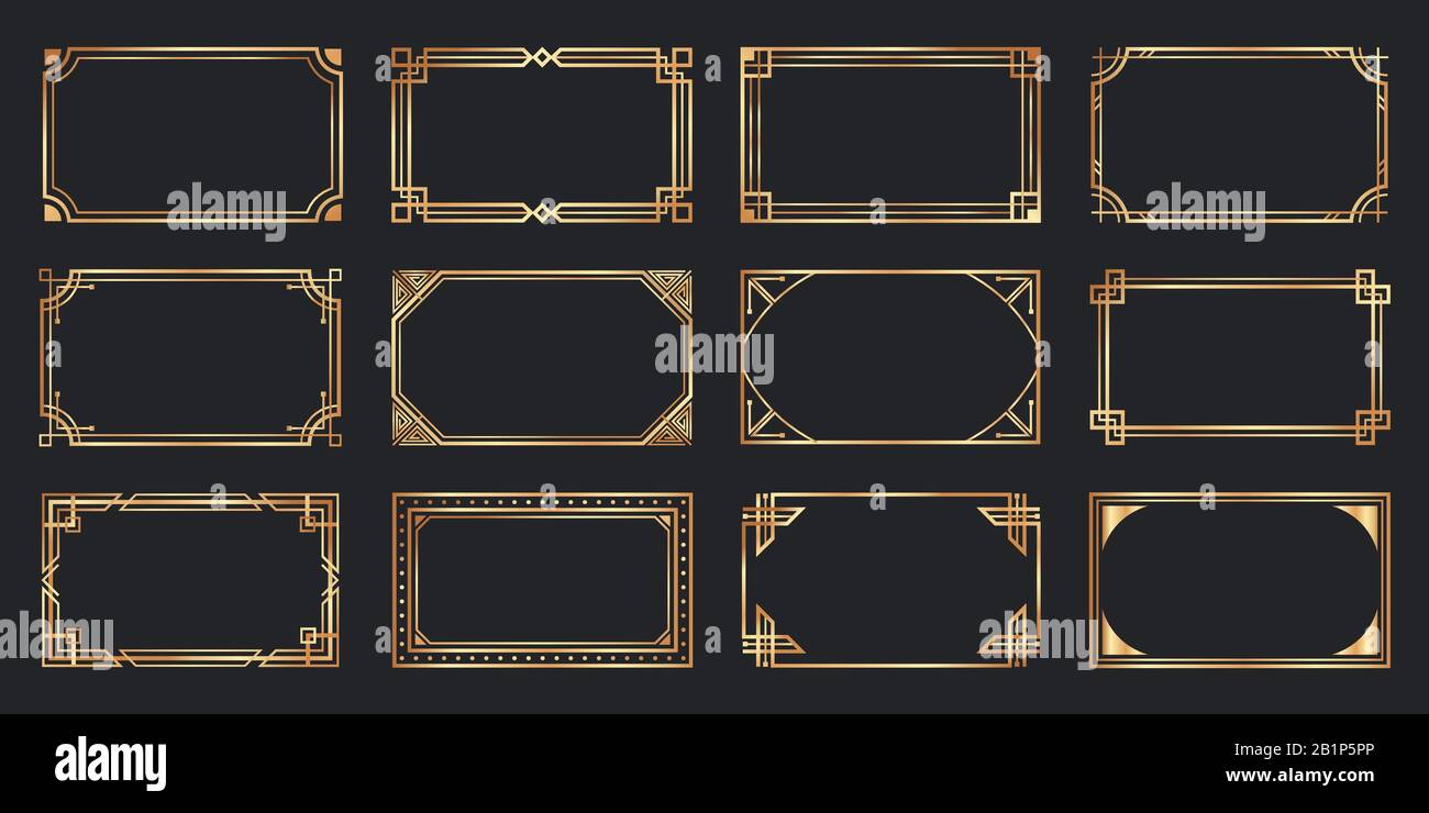 Goldene ard-Deko-Rahmen. Vintage-Zierrahmen, goldene Zierrahmen und geometrische Linien ornamentiert Vektor-Satz. Elegante Dekorationen mit Copyspace Stock Vektor