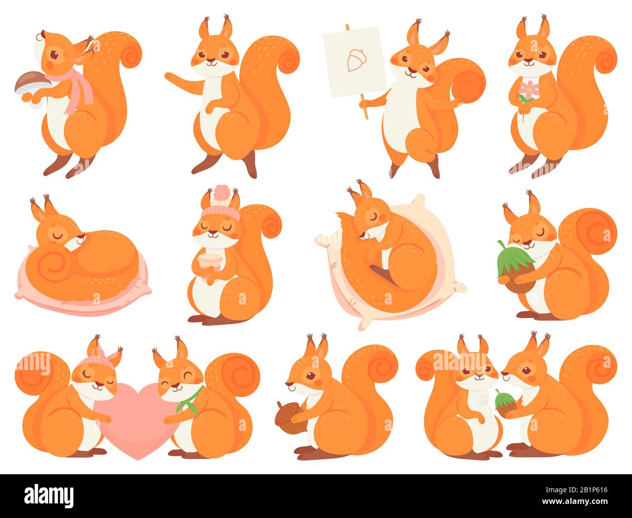 Süßes Hörnchenfilm-Maskottchen. Paarhörnchen lieben, Eichhörnchen mit Nuss, Pilz und Kaffeetasse. Lustiger schlafender Tiervektor gesetzt. Wunderbar flauschig Stock Vektor