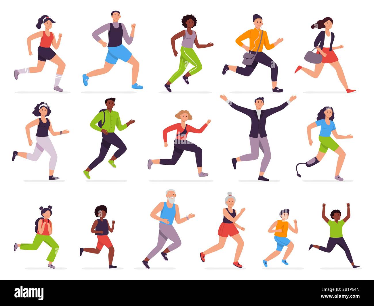 Die Leute laufen. Laufende Person, schnelles Mädchen und springenden Jungen. Jogging-Kinder, Mann und Frau. Vektorgrafiksatz für Runner Characters. Sportlertraining Stock Vektor