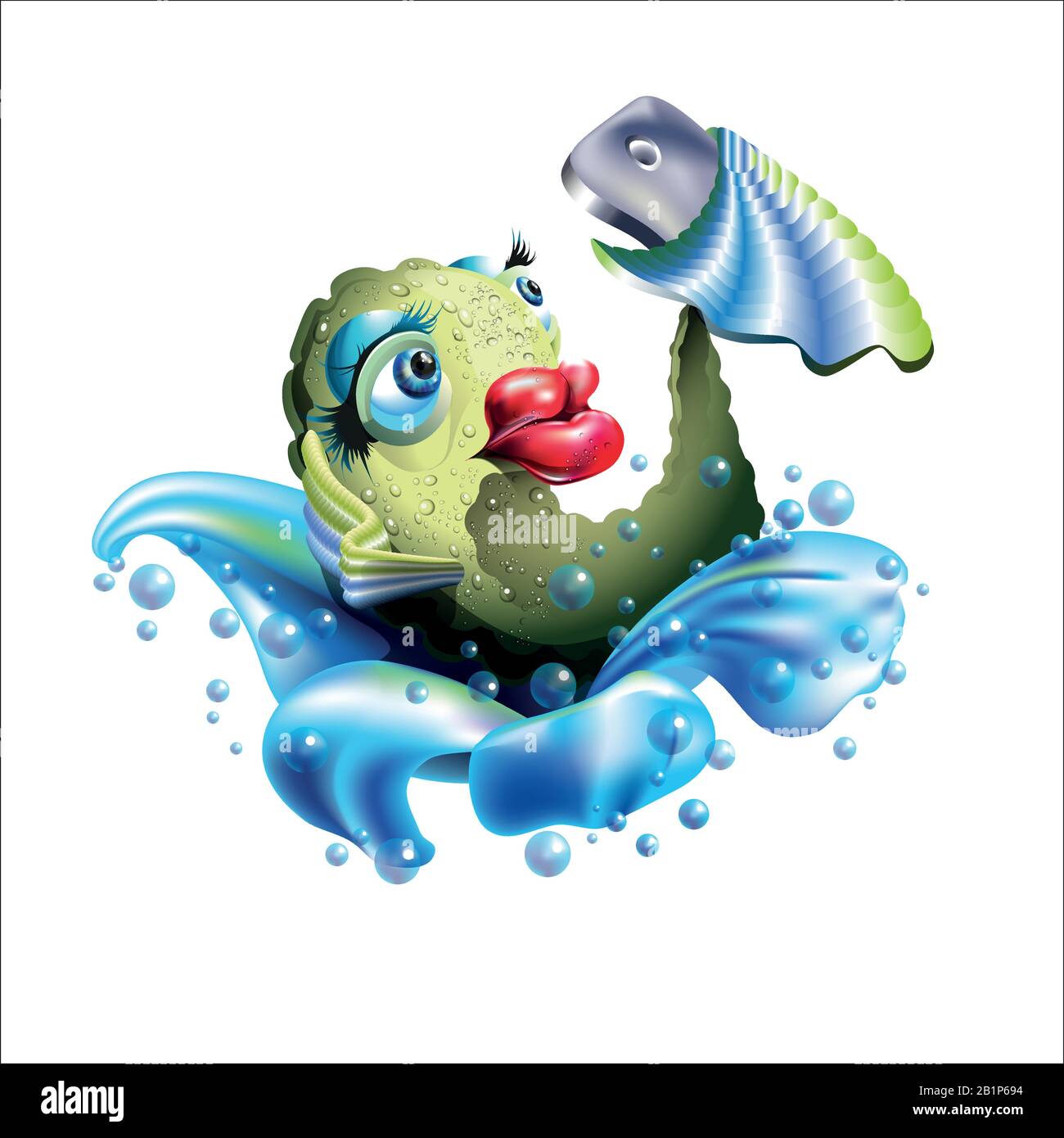 Self Fish hält ein Smartphone. Große rote Lippen. Abbildung isoliert auf weißem Hintergrund. Stock Vektor