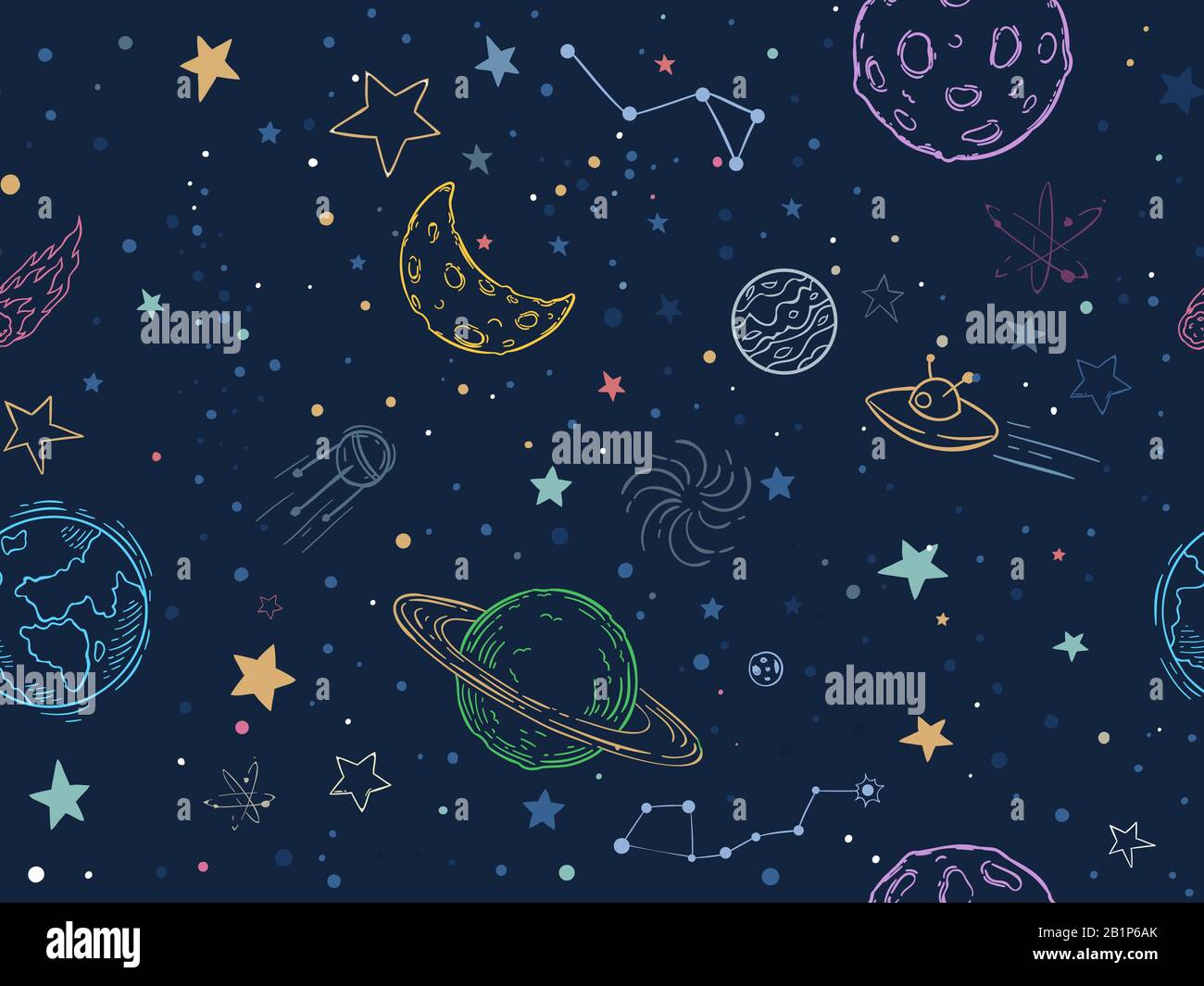 Nahtloses Farbmuster. Handgezeichnete Planeten, kosmische Galaxientextur und doodle Mondvektorillustration. Erforschung des Universums, Symbole des Kosmos Stock Vektor