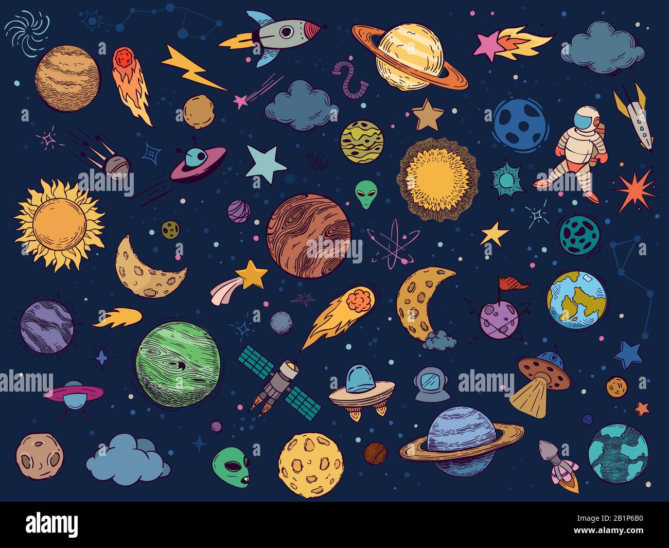 Farbraum doodle. Astrologieplaneten, bunte Raumdarstellung und handgezogene Raketenvektorillustration gesetzt. Cosmic Stickers im Cartoon-Stil. Himmelskörper Stock Vektor