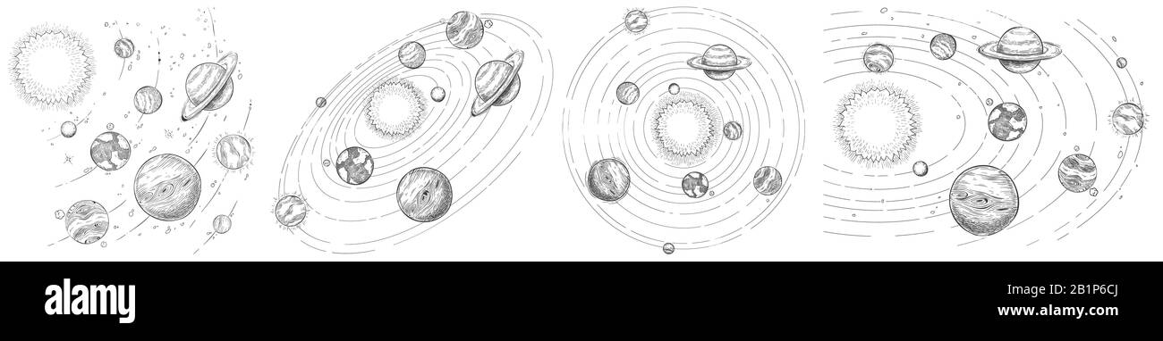 Skizze Sonnensystem. Handgezeichnete Planeten umkreisen, Planetar- und Erdumlaufvektor-Illustration gesetzt. Buchzeichnungen zum Thema Astronomie im Paket Stock Vektor