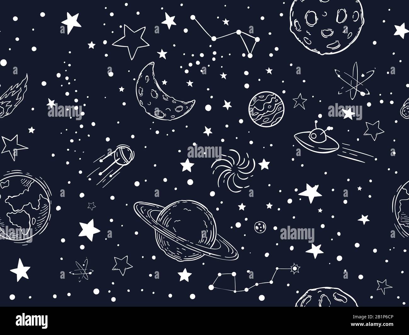 Nahtloses Sternenmuster am Nachthimmel. Skizzenmonde, Raumplaneten und handgezeichnete Sternenvektorillustration. Der äußere Raum steht für eine dekorative Textur. Kosmisch Stock Vektor