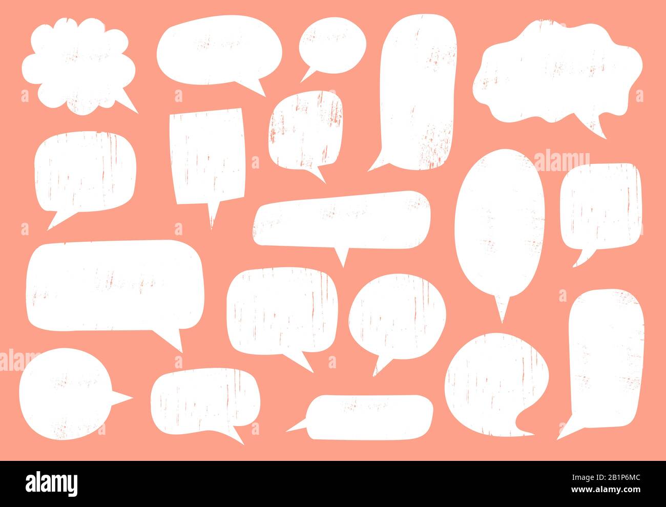Strukturierte Sprechblase. Comic-Kommunikationsrahmen mit Stempeltextur, Hippster-Diskussionsballon und handgezeichneter Doodle-Chat-Blasenrahmen Vektor-Set Stock Vektor