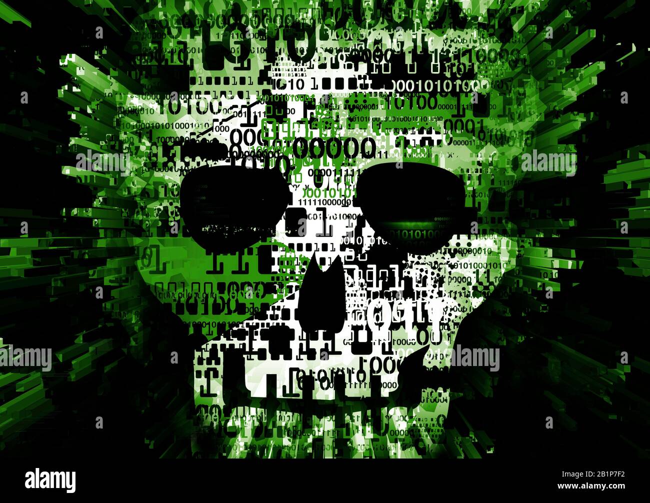 Virusschädel, Explosion von Computerdaten. Abbildung des stilisierten Schädels von Grunge mit zerstörten Binärcodes. Symbol für Online-Piraterie, Hacking. Stockfoto
