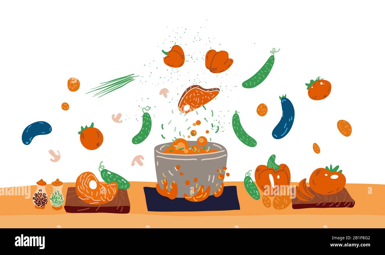 Suppenvektor-Konzept. Topf mit köstlichen Speisen im Feuer und allen Zutaten um sie herum - Gemüse, Fleisch, Gewürze und Aroma Stock Vektor