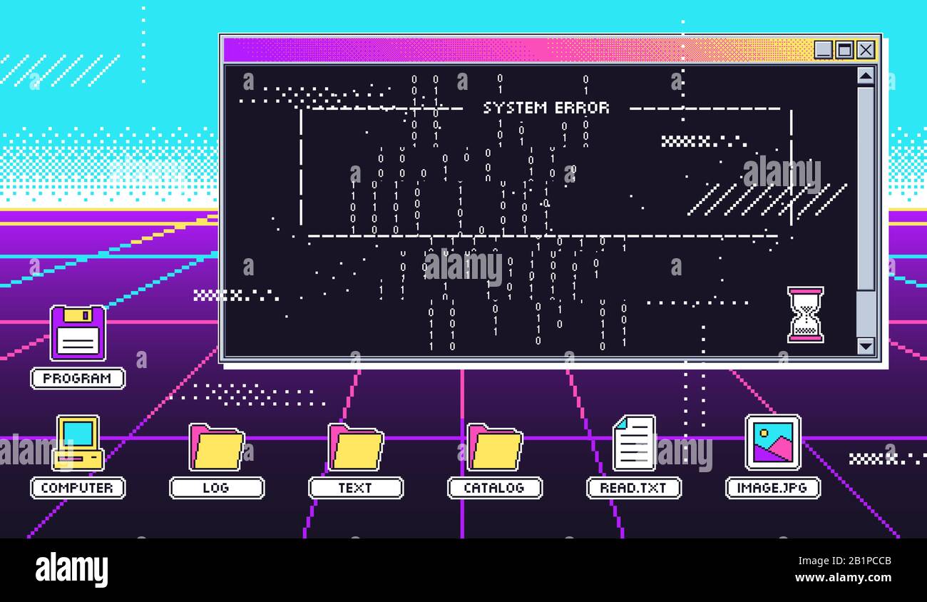 Vaporwave 80s-Schnittstellenbildschirm. Retro Terminal oder alter Computerbildschirm, virtuelle Hack-Attacke und Programm-Glitch-System-Fehler-Vektordarstellung Stock Vektor