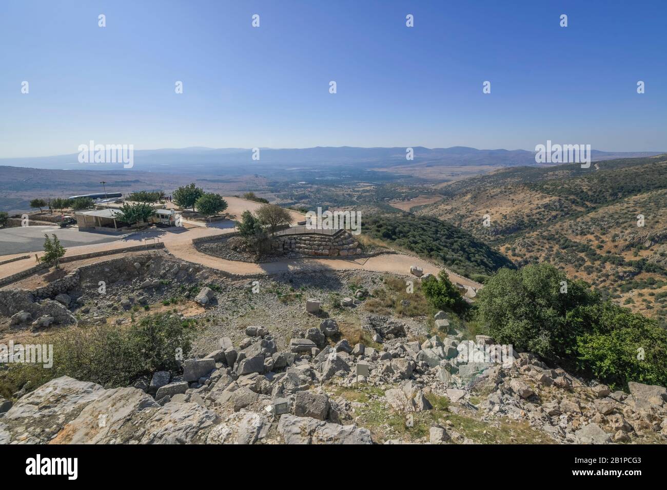 Blick von der Festung Nimrod auf die Hula-Ebene, Nord-Israel. Hinten Berge des Libanon Stockfoto