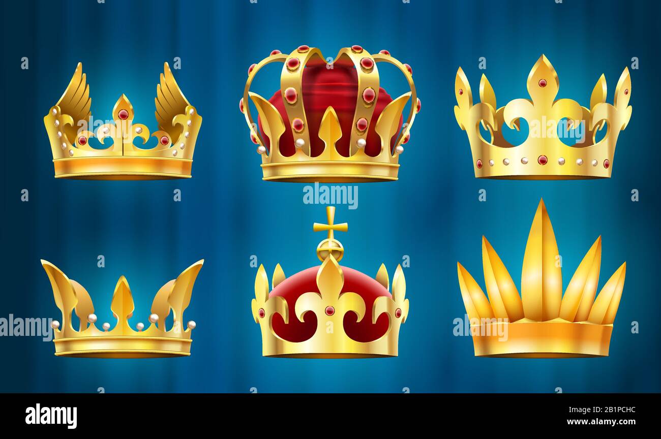 Realistische Königskrone. König Juwelen, Monarchen Kronen mit Edelsteinen Vektorsatz Stock Vektor