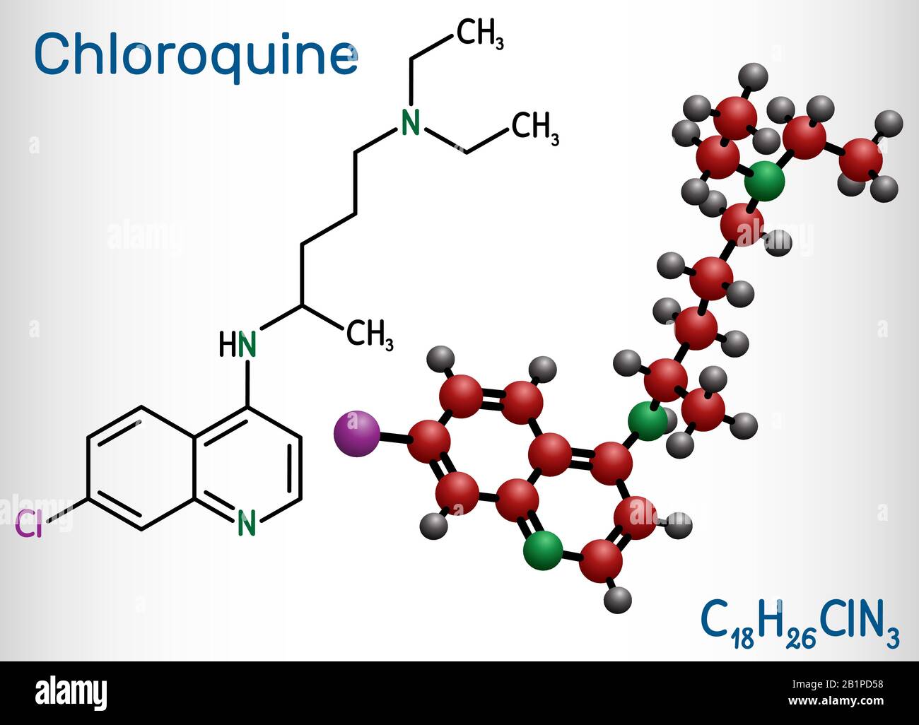 Chloroquin, Chloraquin, Aminoquinolin, C18H26CLN3-Molekül. Es wird zur Behandlung von Malaria, hepatischer Amöbiasis, Lupus erythematodes, Rheum verwendet Stock Vektor