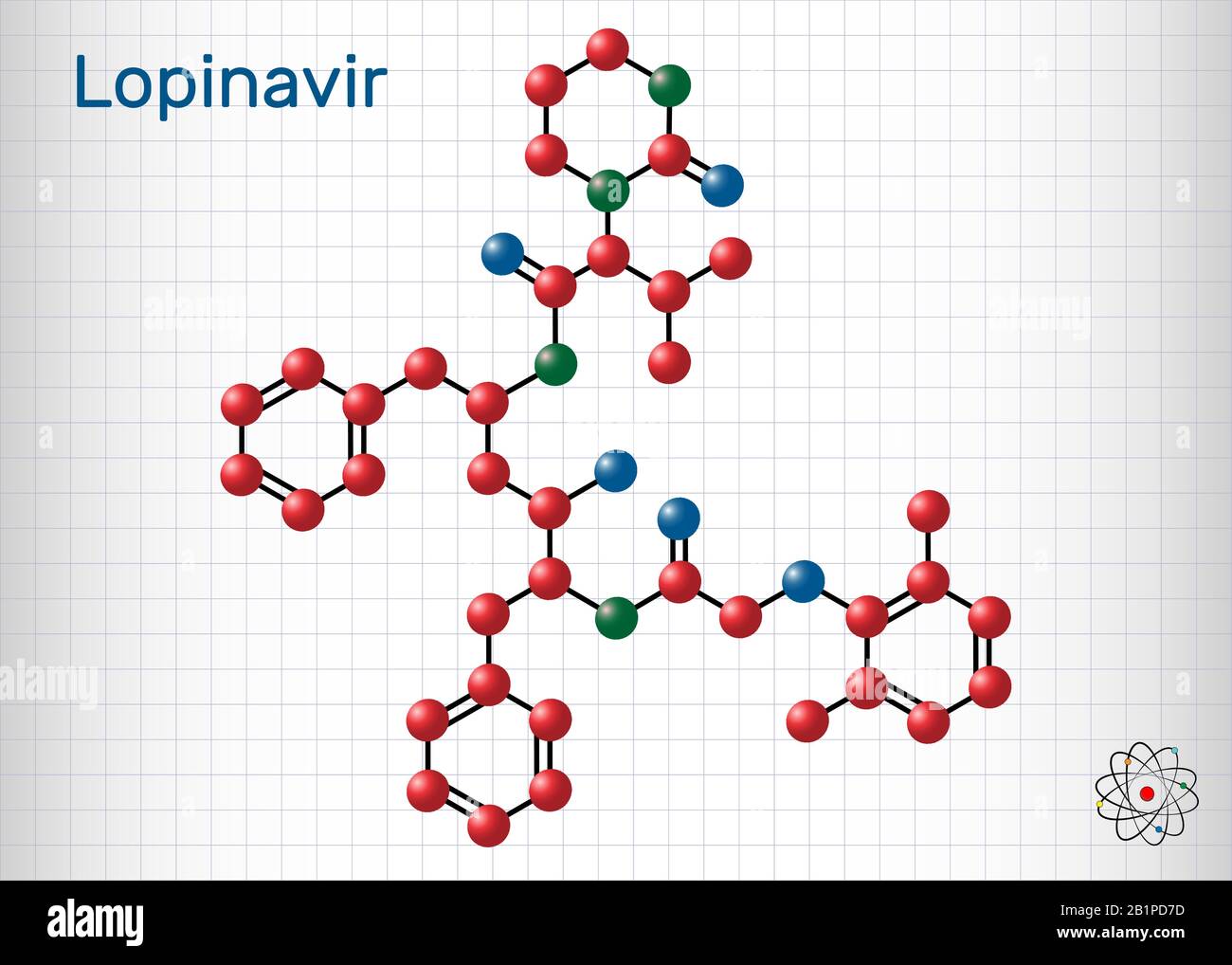 Lopinavir, C37H48N4O5, Molekül. Es handelt sich um einen antiretroviralen Proteasehemmer, der zusammen mit Ritonavir bei der Therapie des humanen Immundefizienz-Virus HIV eingesetzt wird Stock Vektor