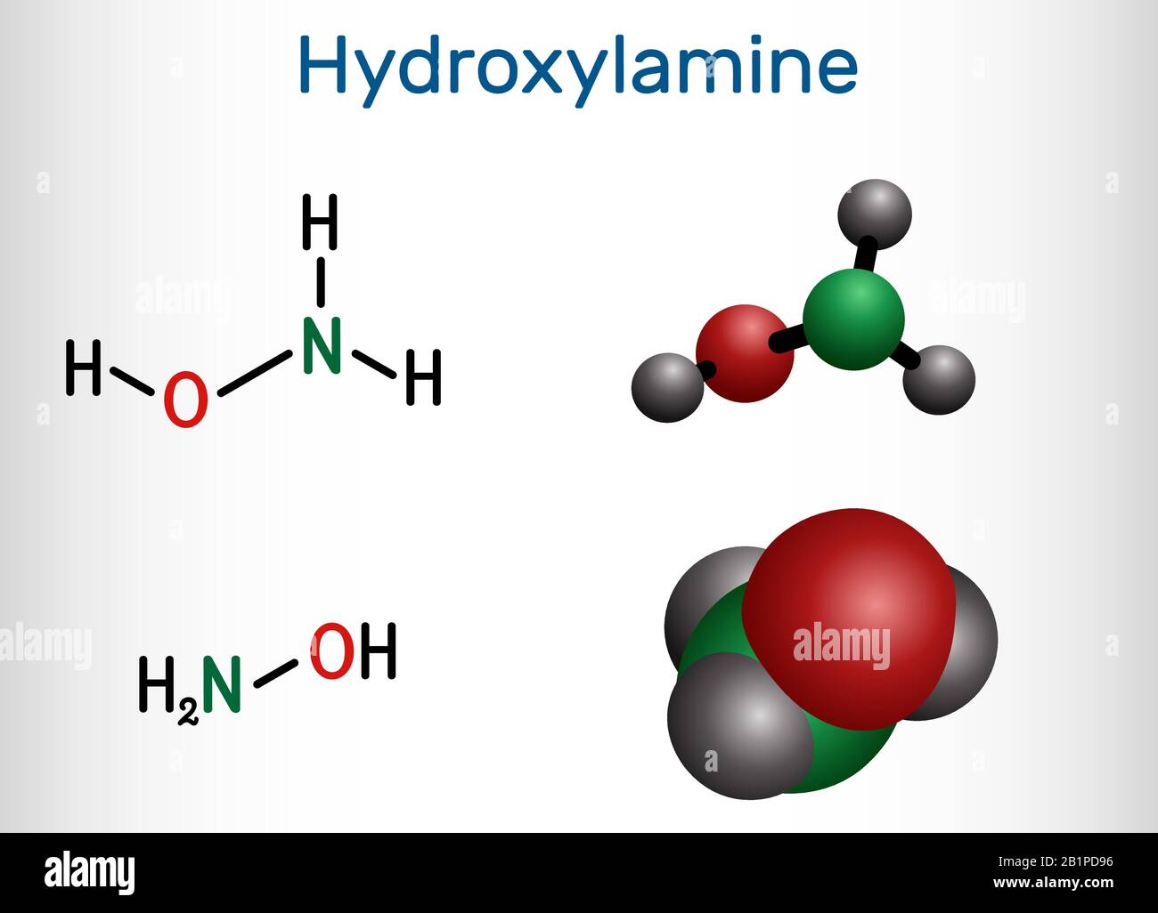Hydroxylamin, NH2OH-Molekül. Es handelt sich um anorganische Verbindungen, die in der organischen Synthese und als Reduktionsmittel verwendet werden, da es in der Lage ist, Stickoxid zu spenden. Stock Vektor