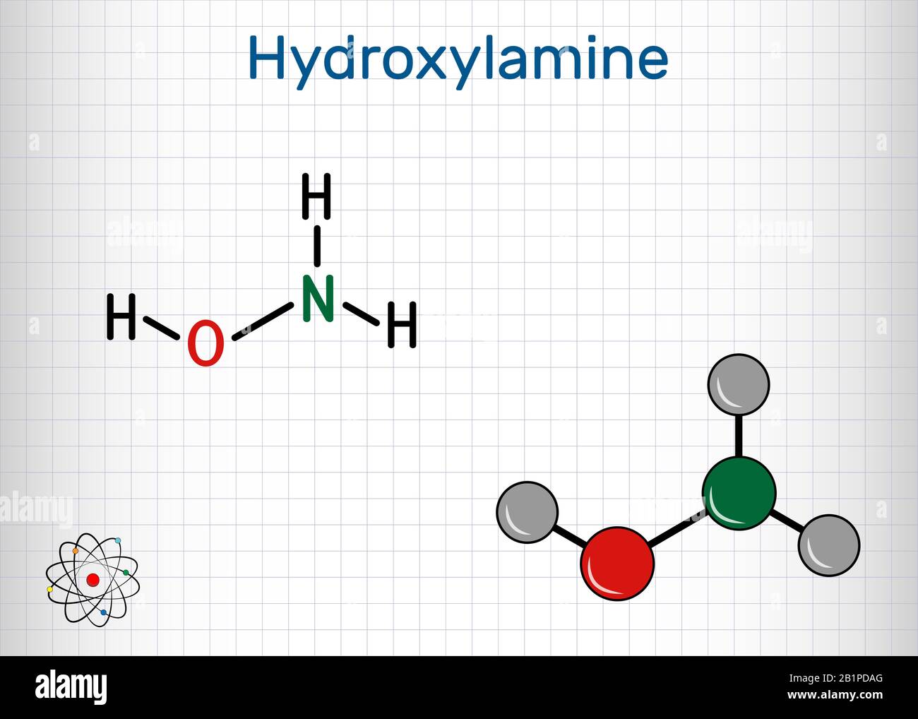 Hydroxylamin, NH2OH-Molekül. Es handelt sich um anorganische Verbindungen, die in der organischen Synthese und als Reduktionsmittel verwendet werden, da es in der Lage ist, Stickoxid zu spenden. Stock Vektor