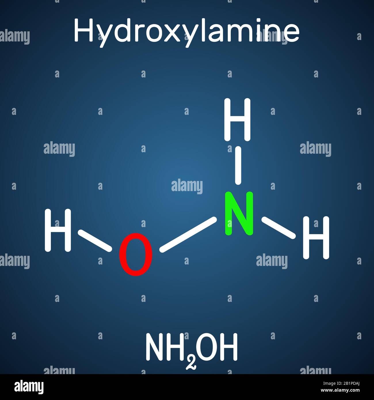 Hydroxylamin, NH2OH-Molekül. Es handelt sich um anorganische Verbindungen, die in der organischen Synthese und als Reduktionsmittel verwendet werden, da es in der Lage ist, Stickoxid zu spenden. Stock Vektor