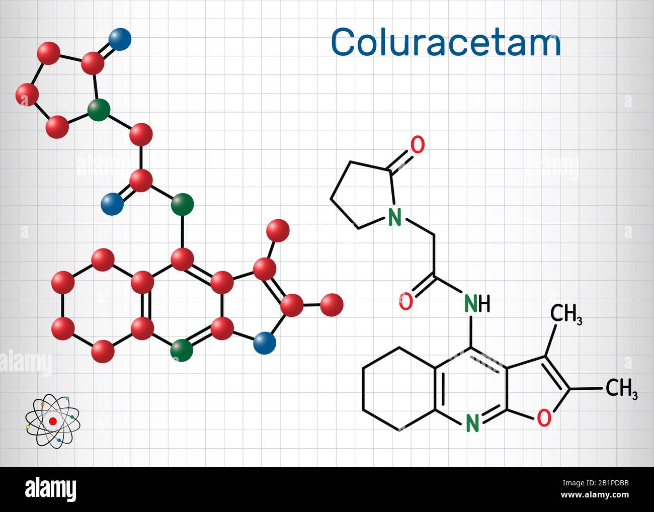 Coluracetam, BCI-540, C19H23N3O3-Molekül. Sie ist ein nootroper Vertreter der Familie Rennbahn. Strukturelle chemische Formel und Molekularmodell. Blatt von Stock Vektor