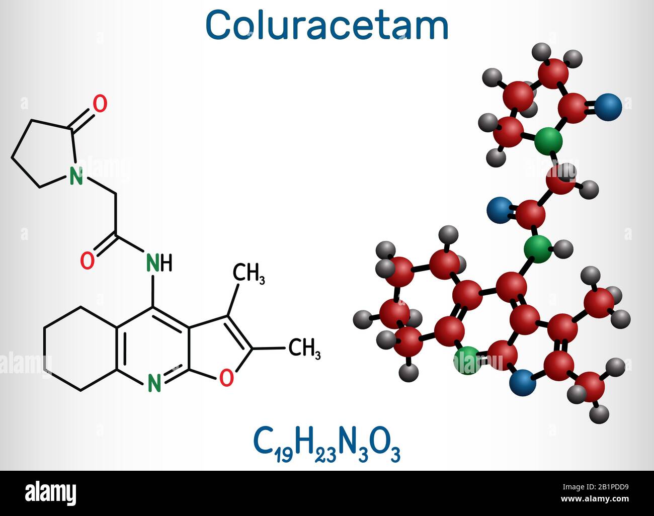 Coluracetam, BCI-540, C19H23N3O3-Molekül. Sie ist ein nootroper Vertreter der Familie Rennbahn. Strukturelle chemische Formel und Molekularmodell. Vektor il Stock Vektor