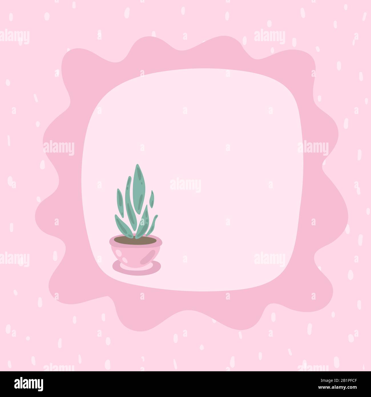 Pinkfarbener Rahmen für Text mit gepunkteten, zarten, quadratischen Hintergrund. Süße saftige Pflanze in einem Topf. Abbildung der Sprechblase. Kawaii zarte Farbtöne. Für Stock Vektor