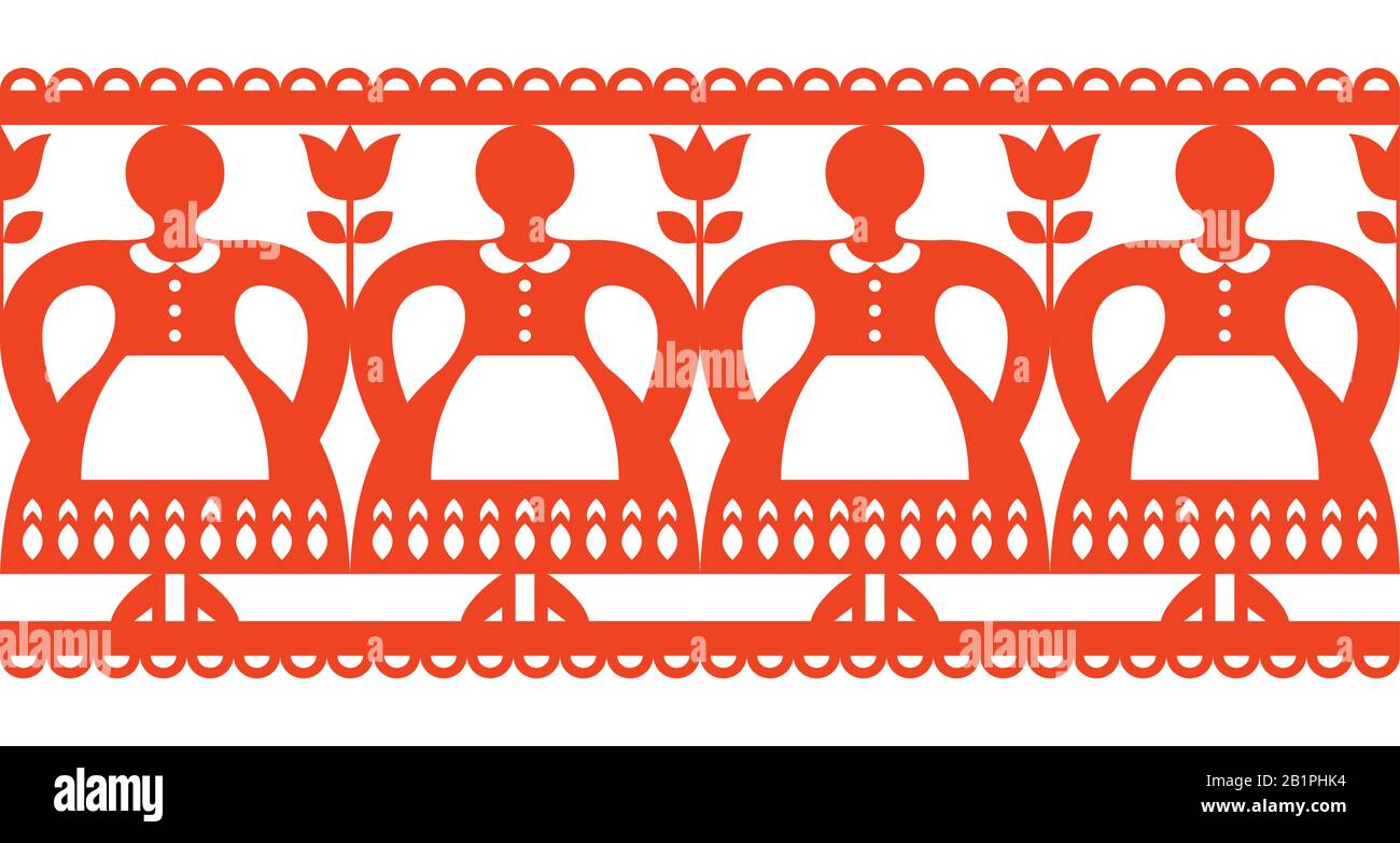 Polnischen Volkskunst Vektor ausschnitt Muster mit Frauen, Kurpie Papercuts nahtloses Design - Wycinanka Kurpiowska Stock Vektor