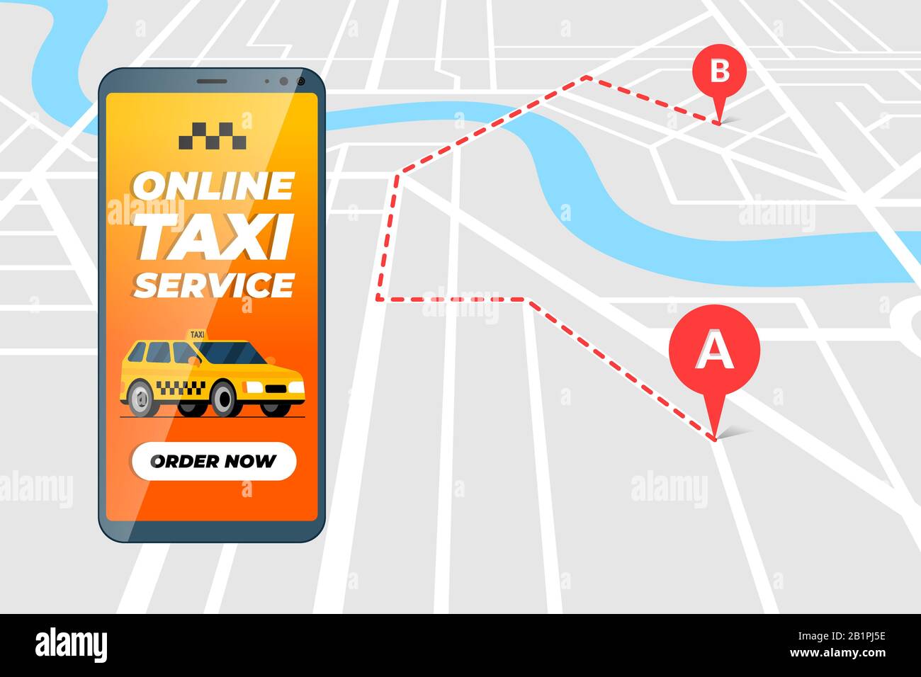 Smartphone mit Online Taxi Bestellservice App Konzept. Taxi Transfer Route und Geotag gps Position PIN Ankunft Adresse auf der Karte. Holen Sie sich die flache Vektordarstellung der Anwendung für die Taxicab-Positionierung Stock Vektor