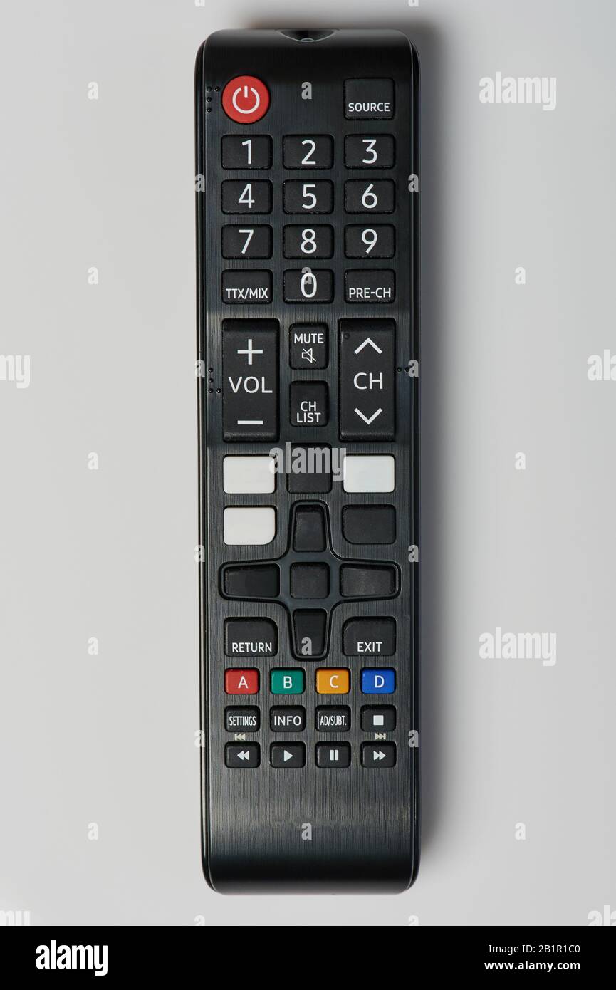 Nahansicht der Black tv-Fernbedienung isoliert auf weißem Hintergrund Stockfoto