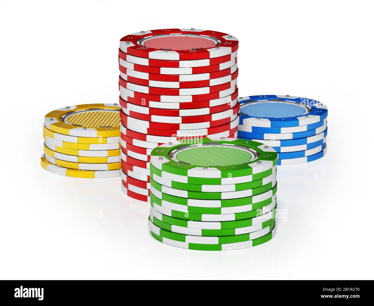 Casino-Chips isoliert auf weißem Hintergrund. 3D-Abbildung. Stockfoto