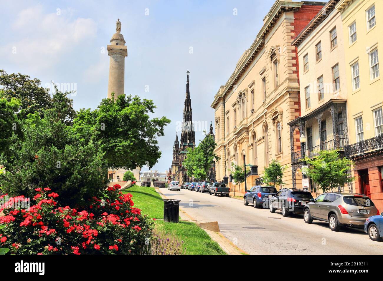 BALTIMORE, USA - 12. JUNI 2013: MT. Vernon Historic District in Baltimore. Baltimore ist mit 622.104 Menschen die größte Stadt im US-Bundesstaat Maryland. Stockfoto