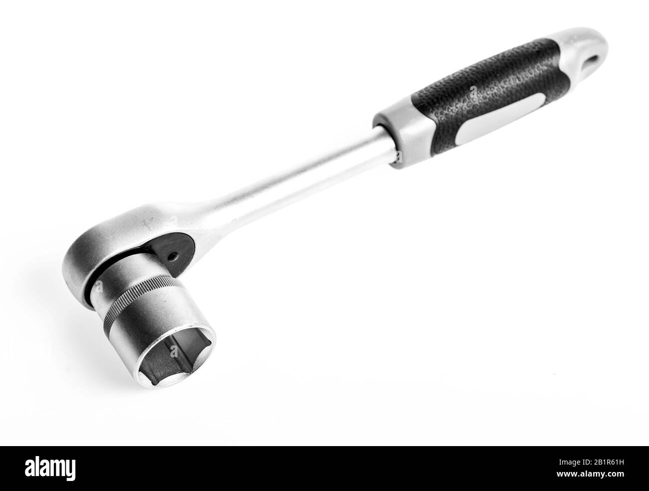 Auto Repair Shops. Knopf für Steckschlüssel Mutter Ratsche in der Nähe von weißen Hintergrund. Umschaltknarre. Ratschenwerkzeug. Stahl verchromt poliert sehr robust für lange Zeit verwenden. Nützliche Tools Konzept. Stockfoto