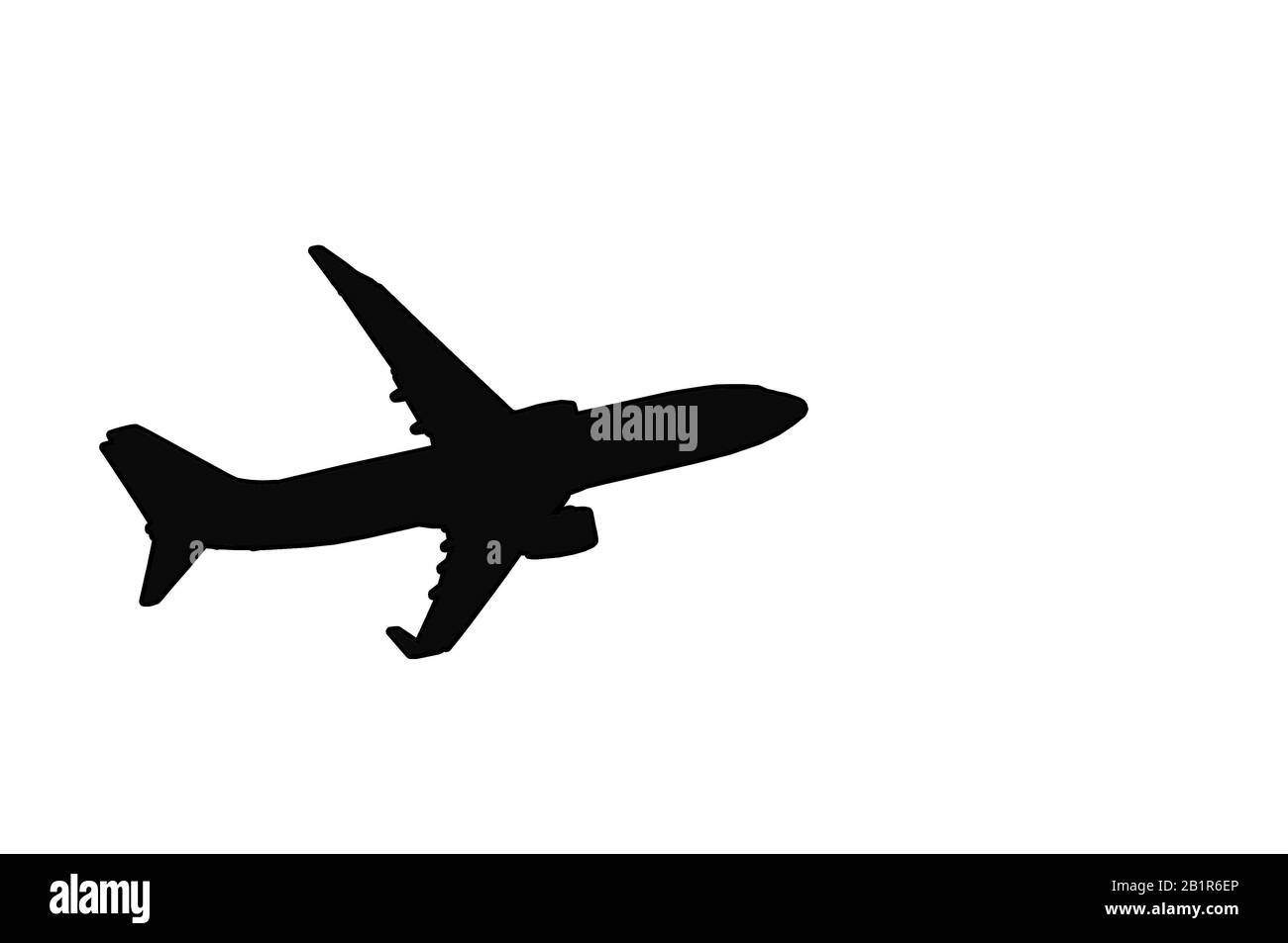 Kontur, Silhouette eines modernen Passagierflugzeugs im Flug. Auf schwarzem Hintergrund isolieren. Leer für Designer. Stockfoto