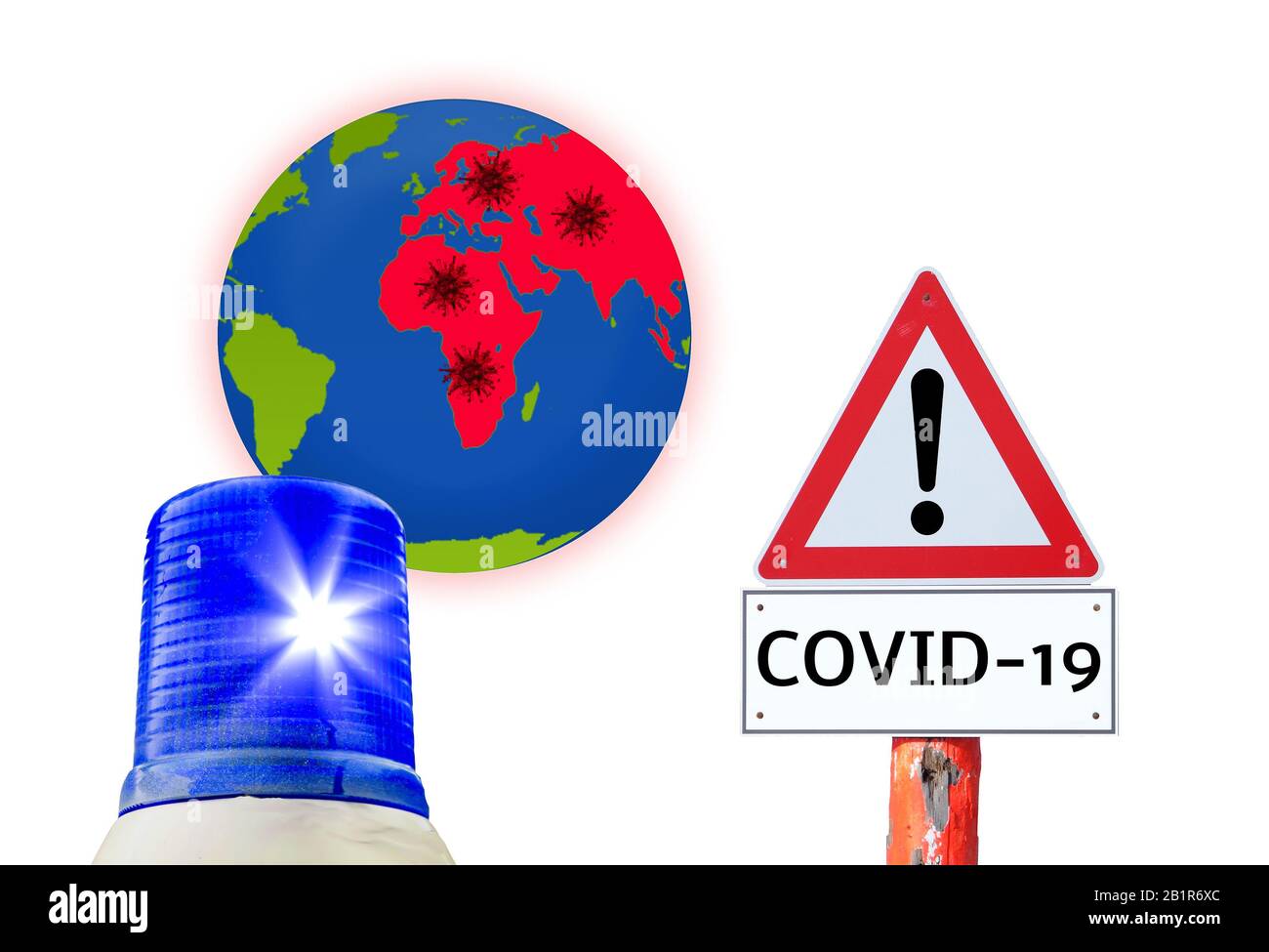 COVID-19-Warnschild mit Globus Stockfoto