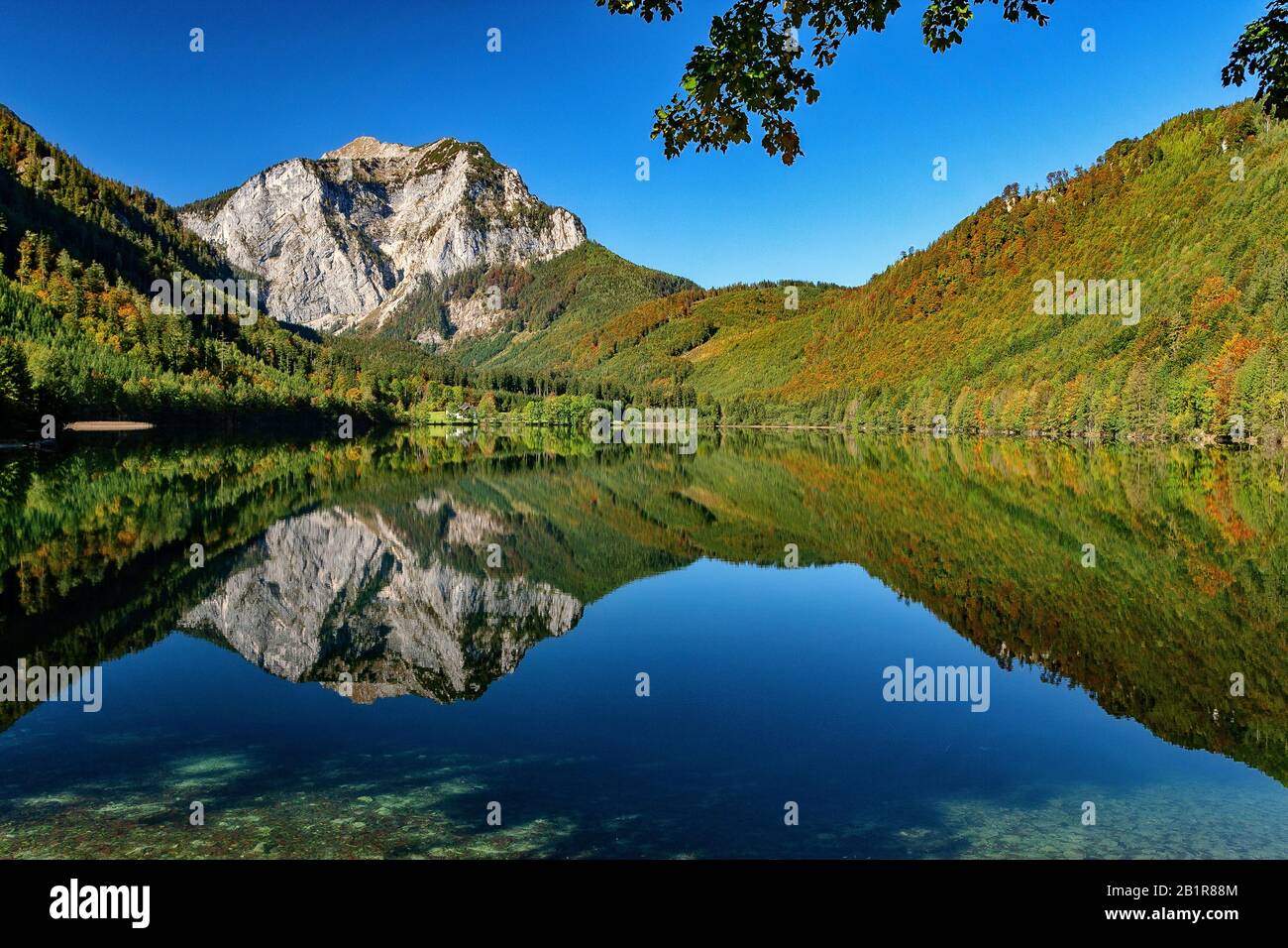 , Bergsee Vorderer Langbathsee mit Brunnkogel im Herbst, Österreich, Oberösterreich, Salzkammergut Stockfoto
