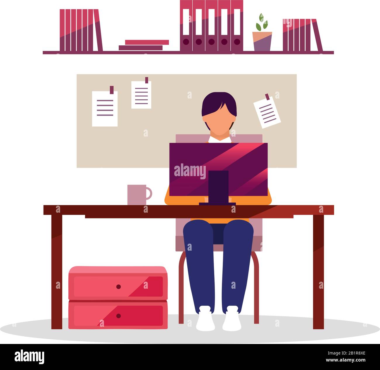 Büroangestellter, Mitarbeiter mit flacher Vektorgrafik für Laptops. Mann, der am Schreibtisch arbeitet, isolierte Zeichentrickfigur auf weißem Hintergrund. Manager, Designer Stock Vektor