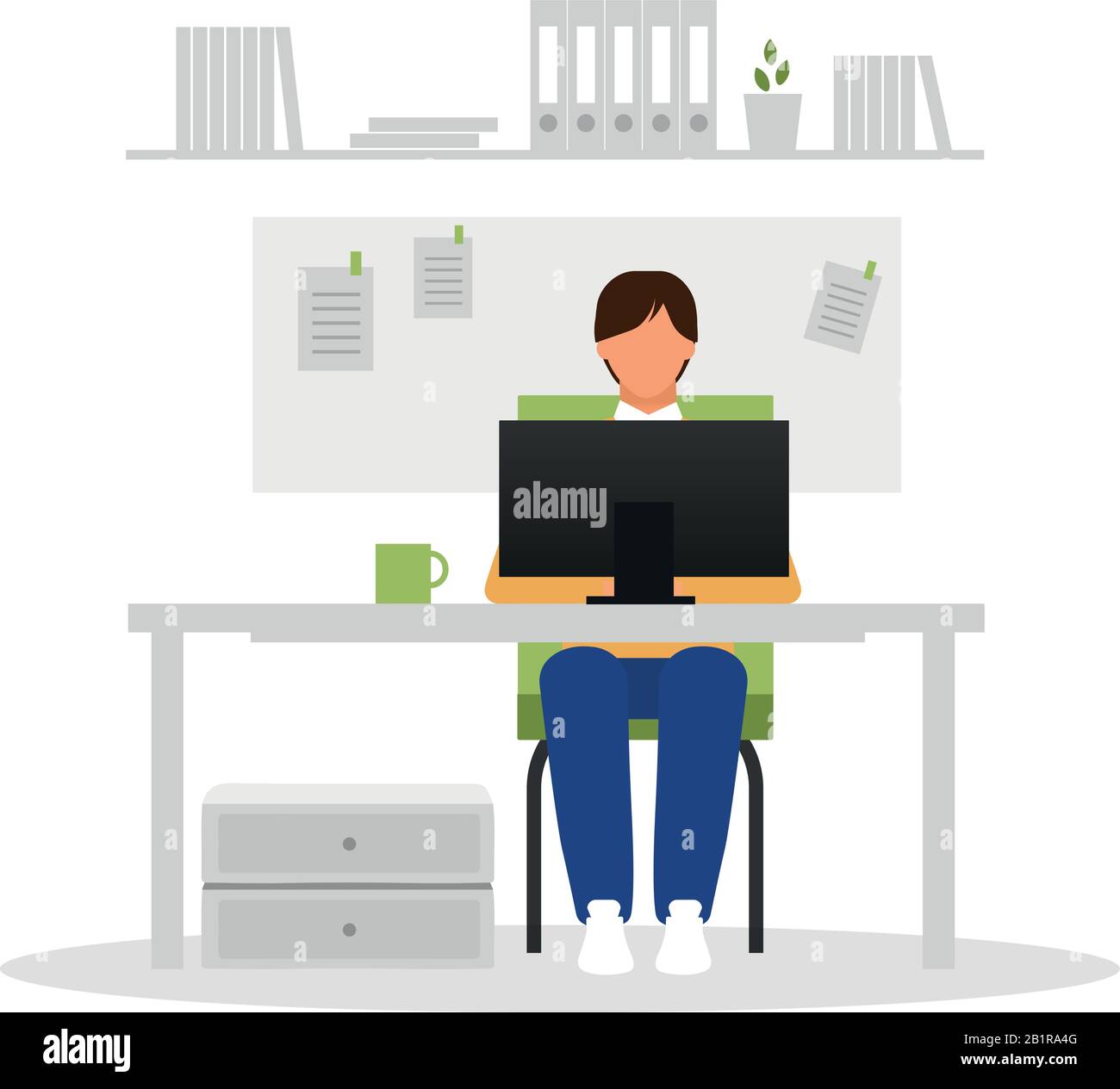 Büroangestellte mit flacher Vektorgrafik für Laptops. Mann, der am Schreibtisch arbeitet, isolierte Zeichentrickfigur auf weißem Hintergrund. Manager, Designer, Programmierer Stock Vektor