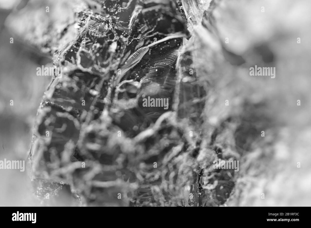 Schwarz-Weiß-Foto, Textur aus Naturglas. Makro. Abstrakter Hintergrund. Stockfoto