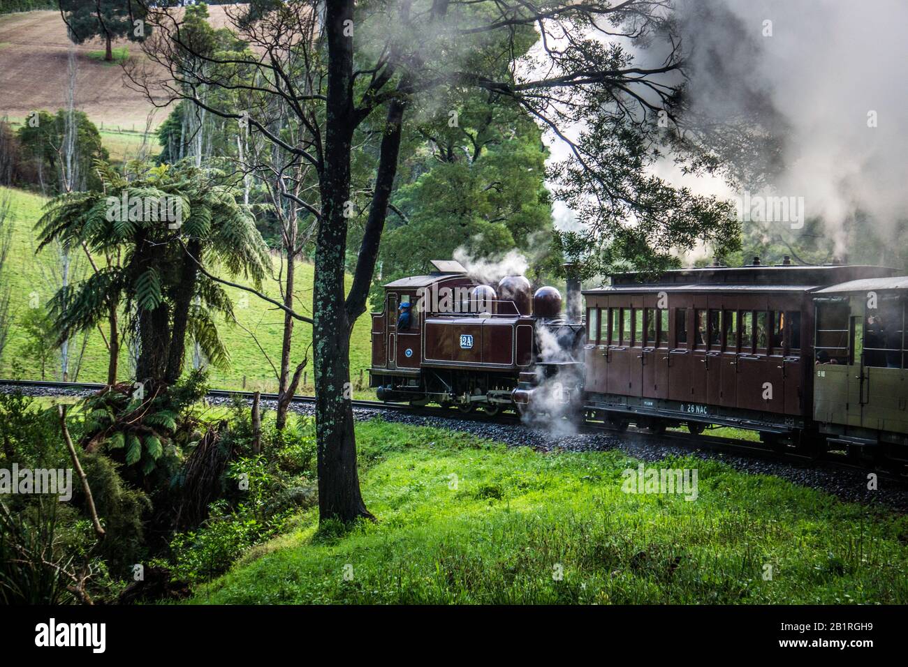 Historische Dampfeisenbahn Puffing Billy in den Dandenong Ranges, östlich von Melbourne, Victoria, Australien. Stockfoto