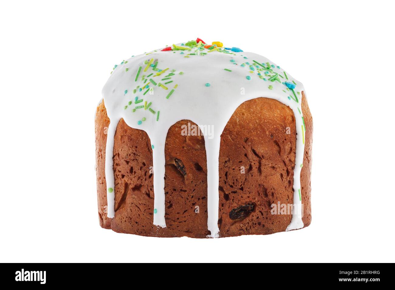 Zu Hause frisch gebackenes Osterkuchen mit Icing und farbigen Dekorationen isoliert auf weißem Hintergrund. Traditionelles slavisches, russisches, ukrainisches festliches ho Stockfoto