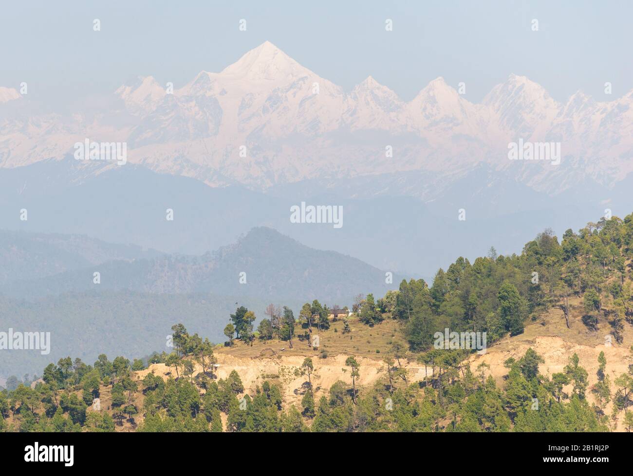 Die Panchachuli-Reihe sichtbar durch den Dunst über den von Bäumen gesäumten Hügeln aus dem Himalaya-Dorf Kausani in Uttarakhand, Indien. Stockfoto