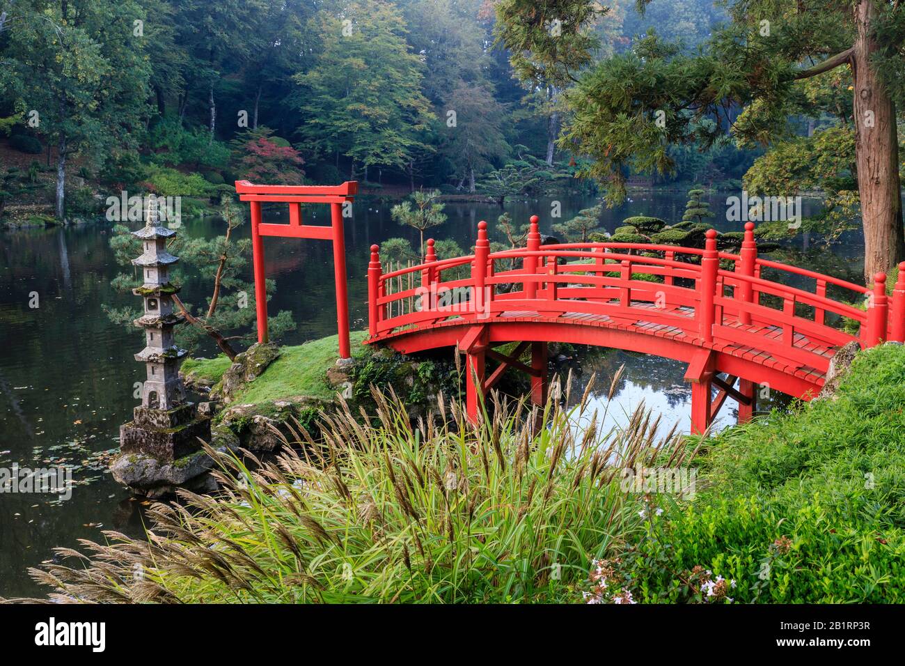 Frankreich, Maine et Loire, Maulevrier, der Parc Oriental de Maulevrier, die rote Brücke und die Inseln des Paradieses // Frankreich, Maine-et-Loire (49), Maulé Stockfoto