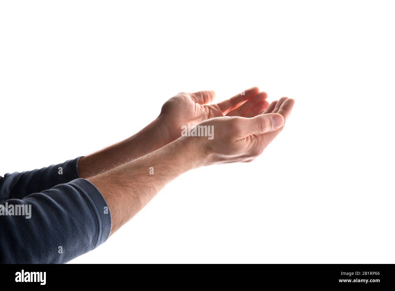 Hände zusammen mit Handflächen isoliert weiß. Horizontale Zusammensetzung Stockfoto