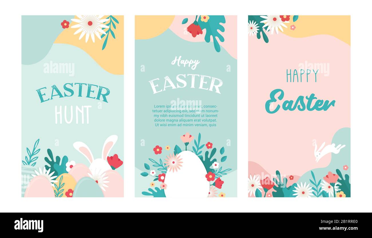 Vektor-Set aus österlichem Blumenhintergrund mit Platz für Text - Banner, Poster, Vorlagen für Coverdesigns, Hintergrundbilder für Social Media und Stock Vektor