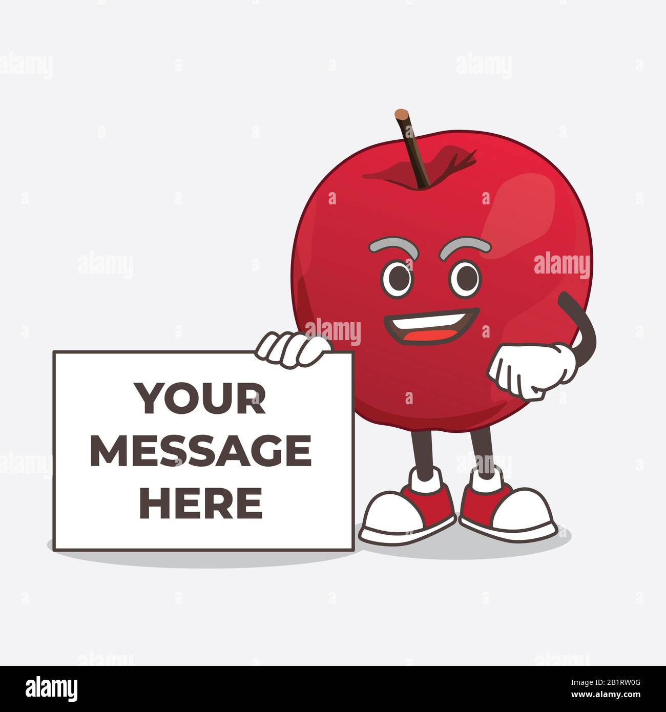 Apple Cartoon Maskottchen mit einer Board-Zeichen-Nachricht Stockfoto