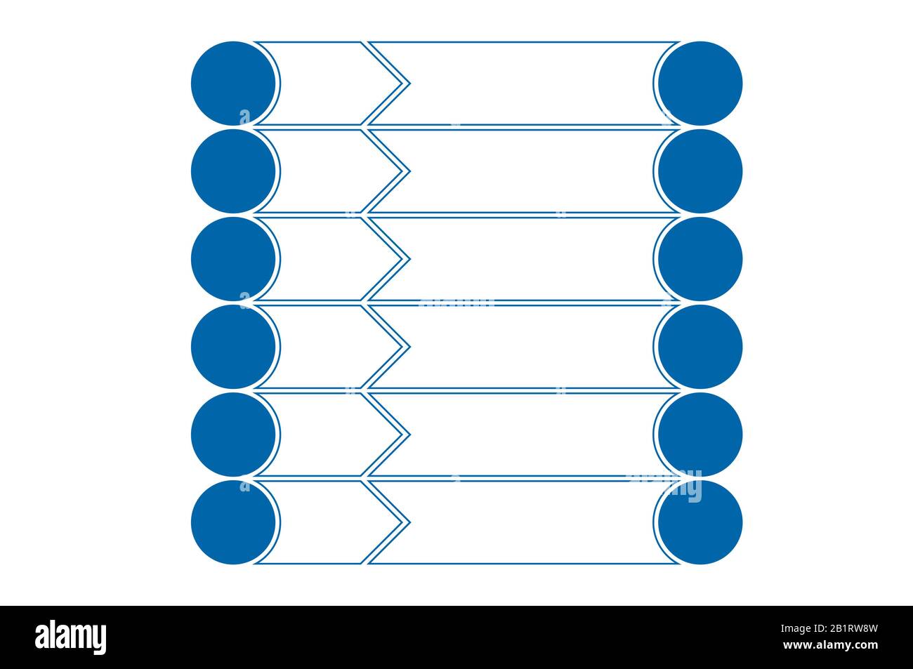 Infografievorlagen aus Kreisen und horizontalen Streifen 6 Positionen. Stockfoto