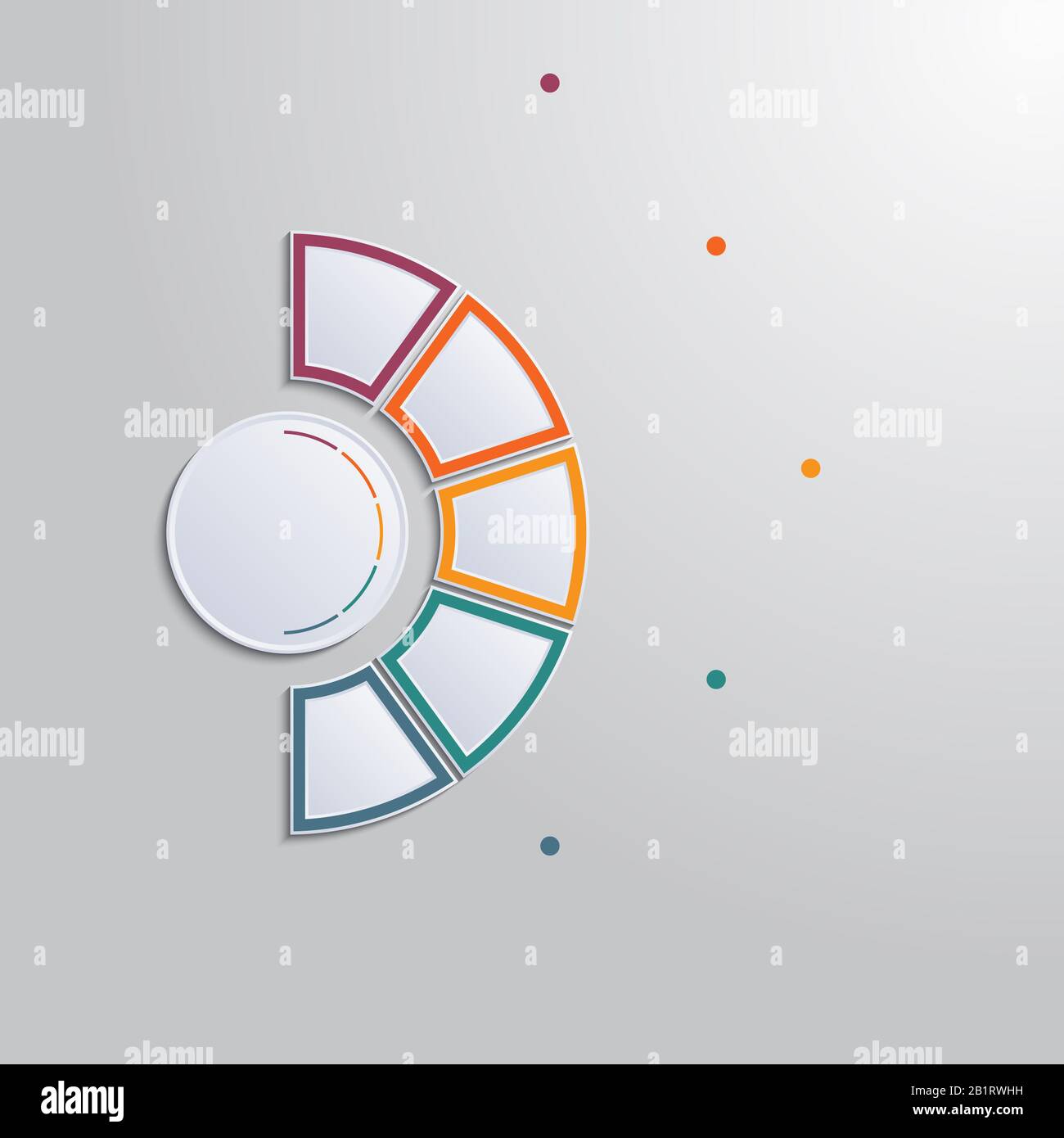 Template-Infografiken mit 5 Positionen im Textbereich. Diagramm mit mehrfarbigen Elementen des Halbkreises um einen Kreis. Stockfoto