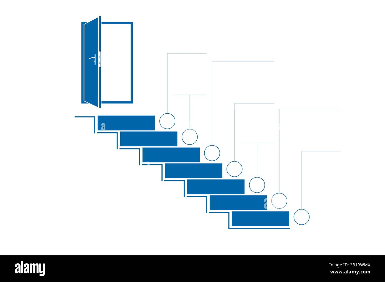 Stufen Sie Leitern und Türen nach oben. Infografik zur Vorlage. Monochrom. Blau. 7 Positionen. Stockfoto