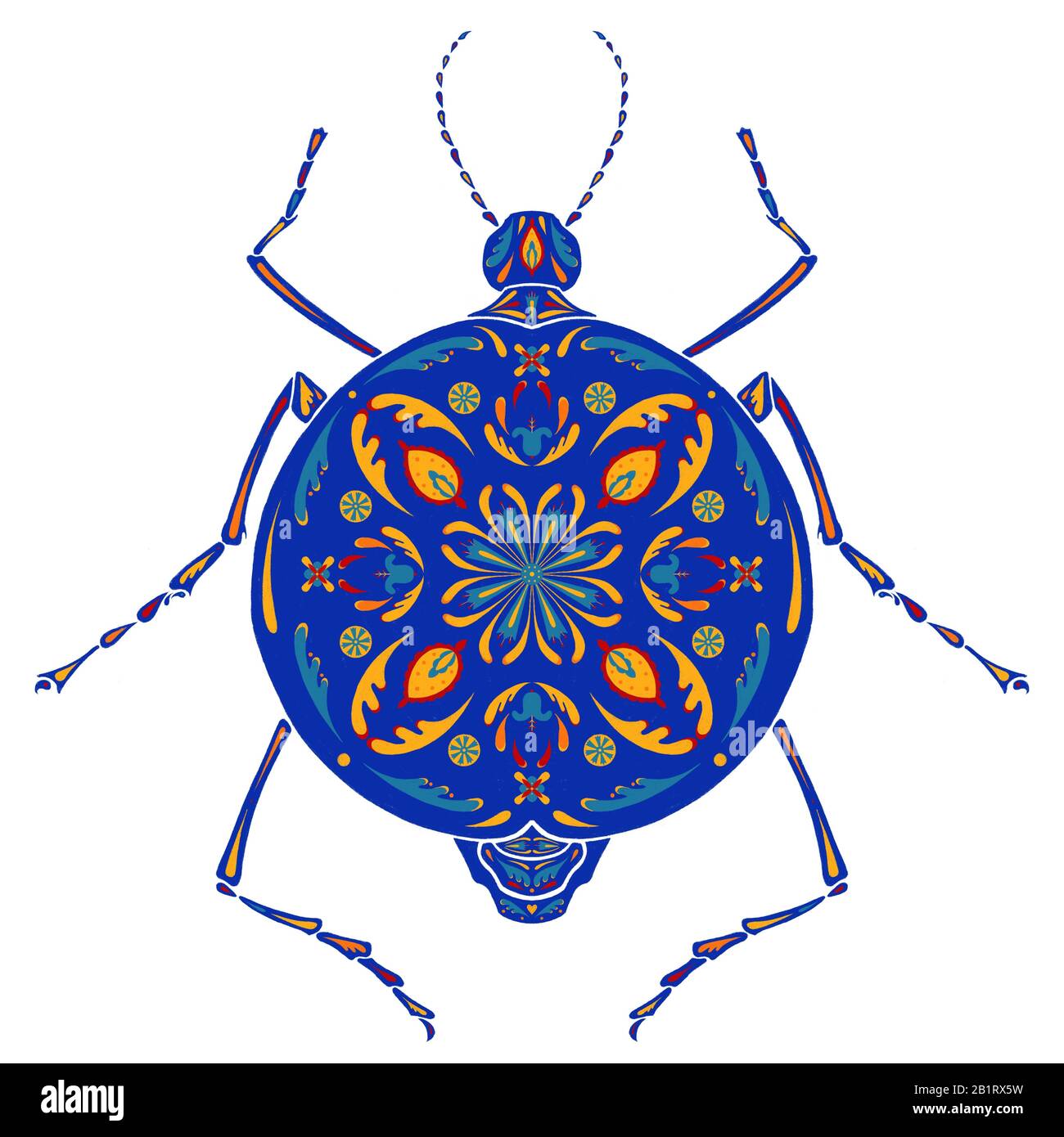 Die Grafik, Illustration mit rundem ultrameinen, blauen Käfer, der von dem verzierten Blumenmuster bedeckt ist. Weißer Hintergrund. Boho, Folklore, Hippie-Poster. Stockfoto