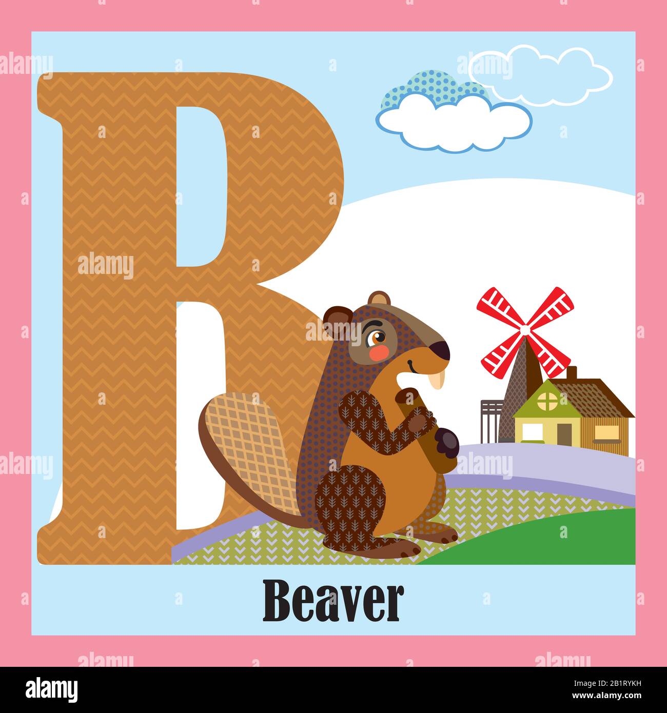 Vektorielle Zeichentrick-FlashCards tierischer Alphabete, Buchstabe B. Bunte Cartoon-Illustration von Buchstaben und Biber-Vektorzeichen. Helle Farben Zoo Wildlif Stock Vektor