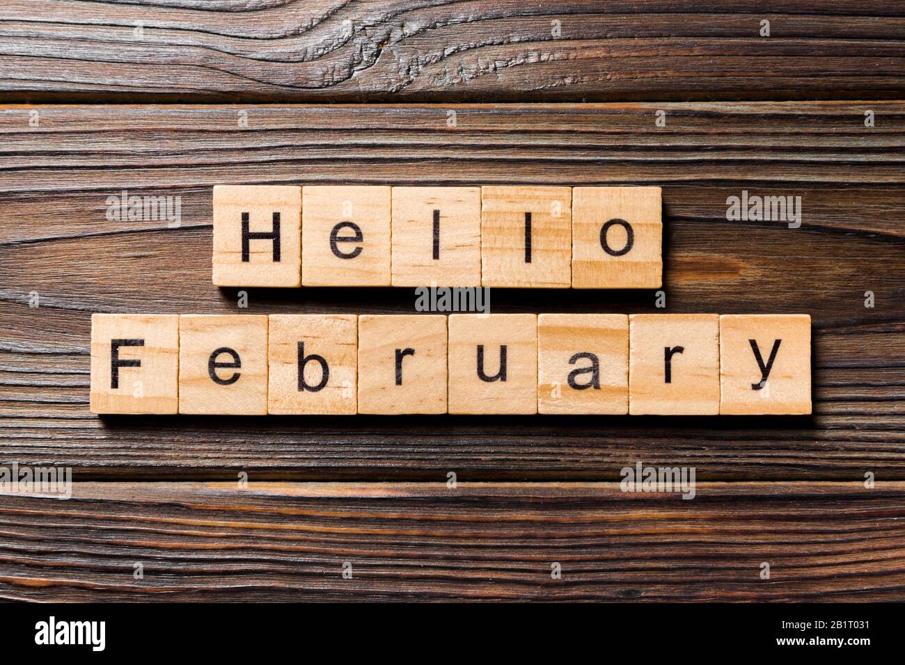 Hallo Februar Wort auf Holz Block geschrieben. Hallo Februar text auf Tisch, Konzept. Stockfoto