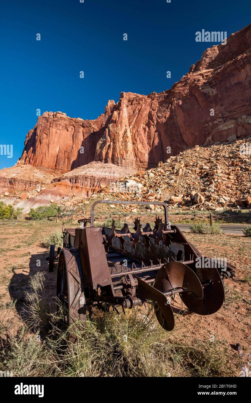 Alte Landmaschinen, Fremont Gorge im Capitol Reef National Park, Utah, USA Stockfoto