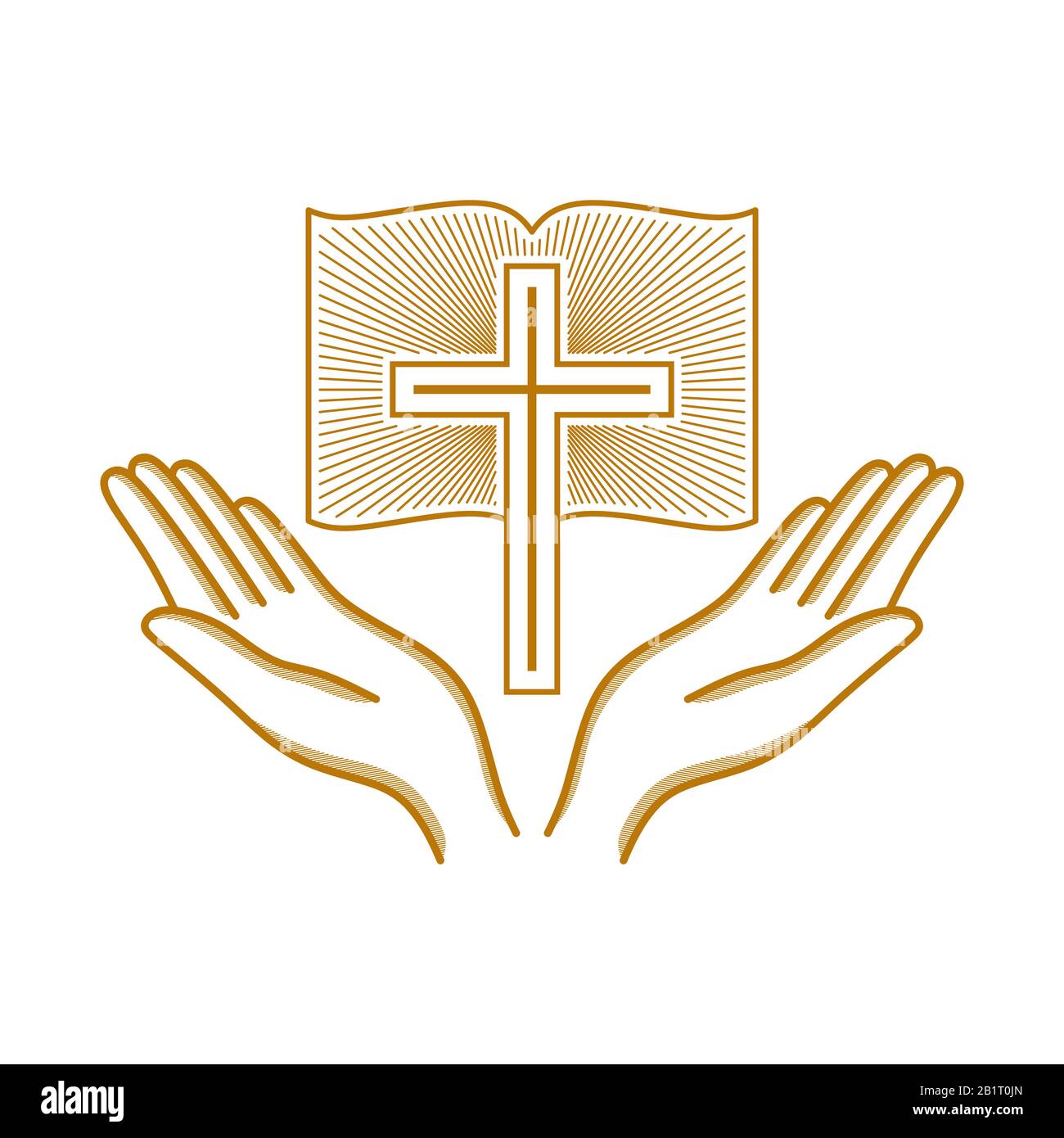 Kirchenlogo. Christliche Symbole. Hände, die zum Kreuz des Herrn Jesus Christus erhoben wurden. Stock Vektor