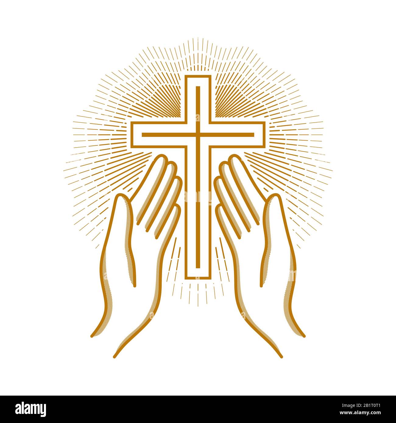 Kirchenlogo. Christliche Symbole. Hände, die zum Kreuz des Herrn Jesus Christus erhoben wurden. Stock Vektor